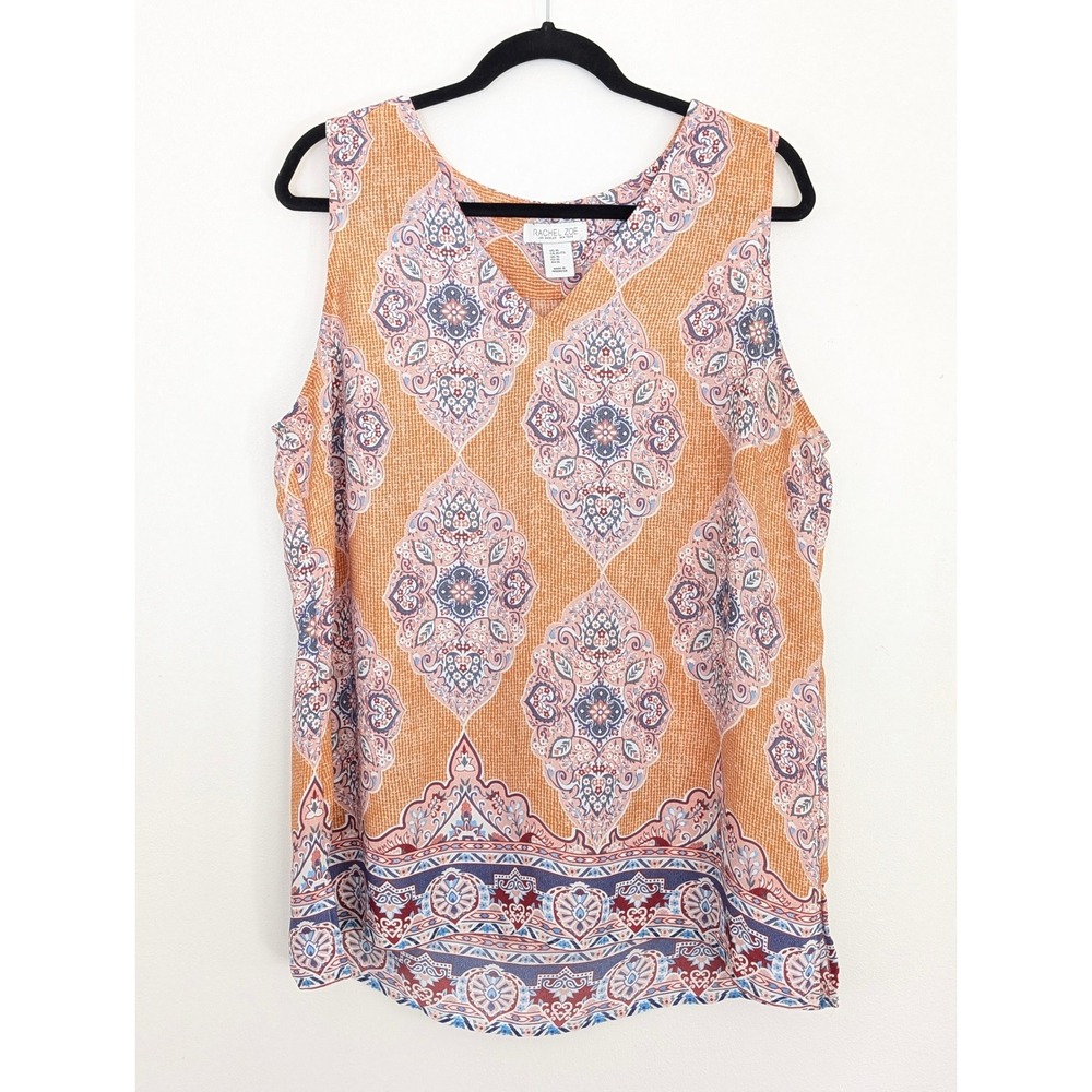 Rachel Zoe Sleeveless V-Neck Blouse Orange Blue Paisley Medallion Print XL